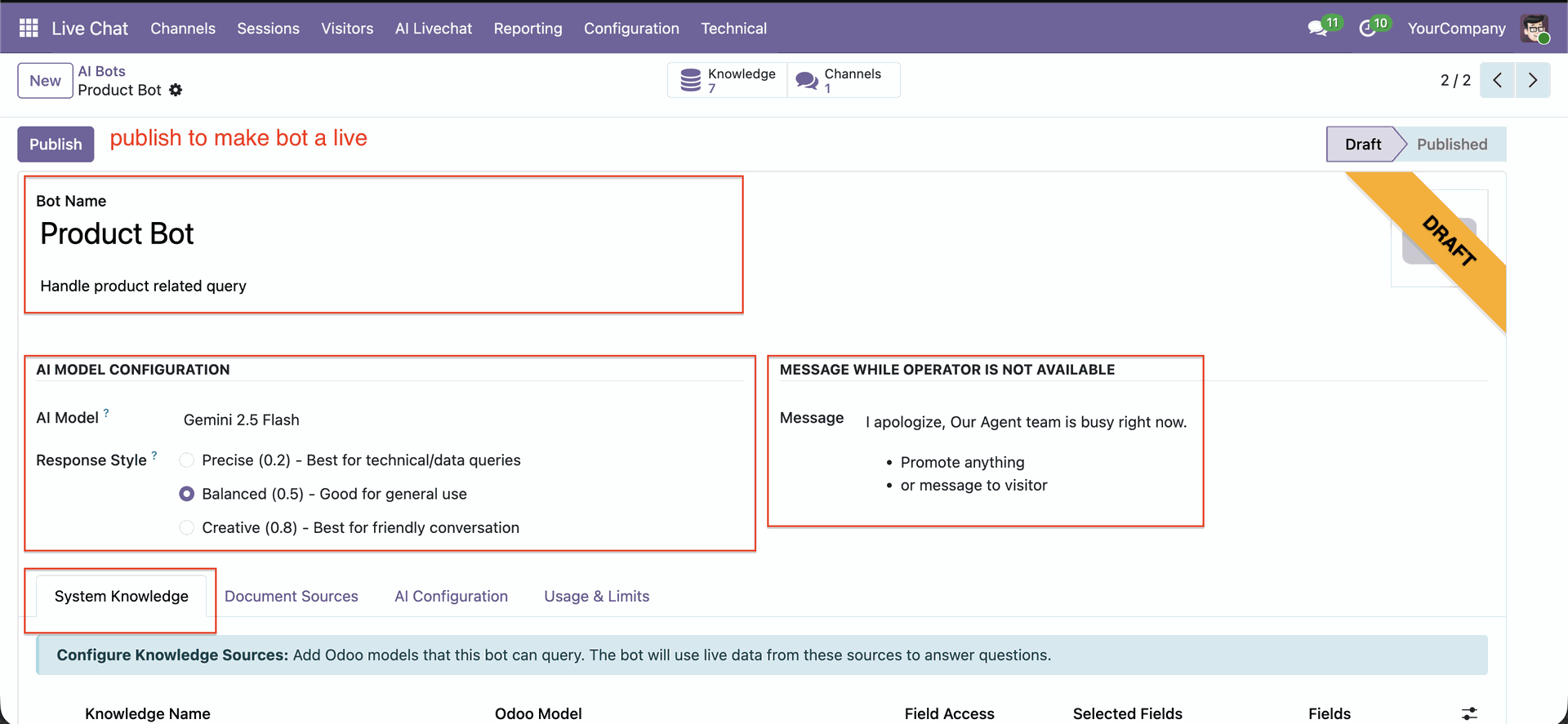 Configure AI bot details and publish chatbot