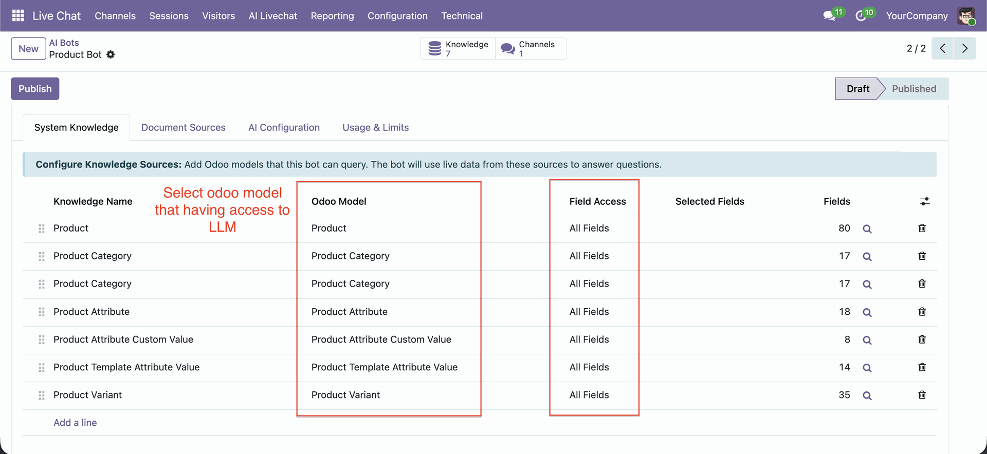 Set Odoo model access for AI chatbot responses