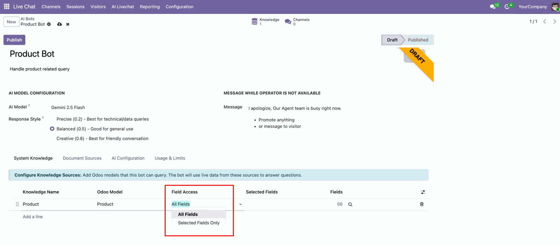 Choose all fields or selected fields for chatbot