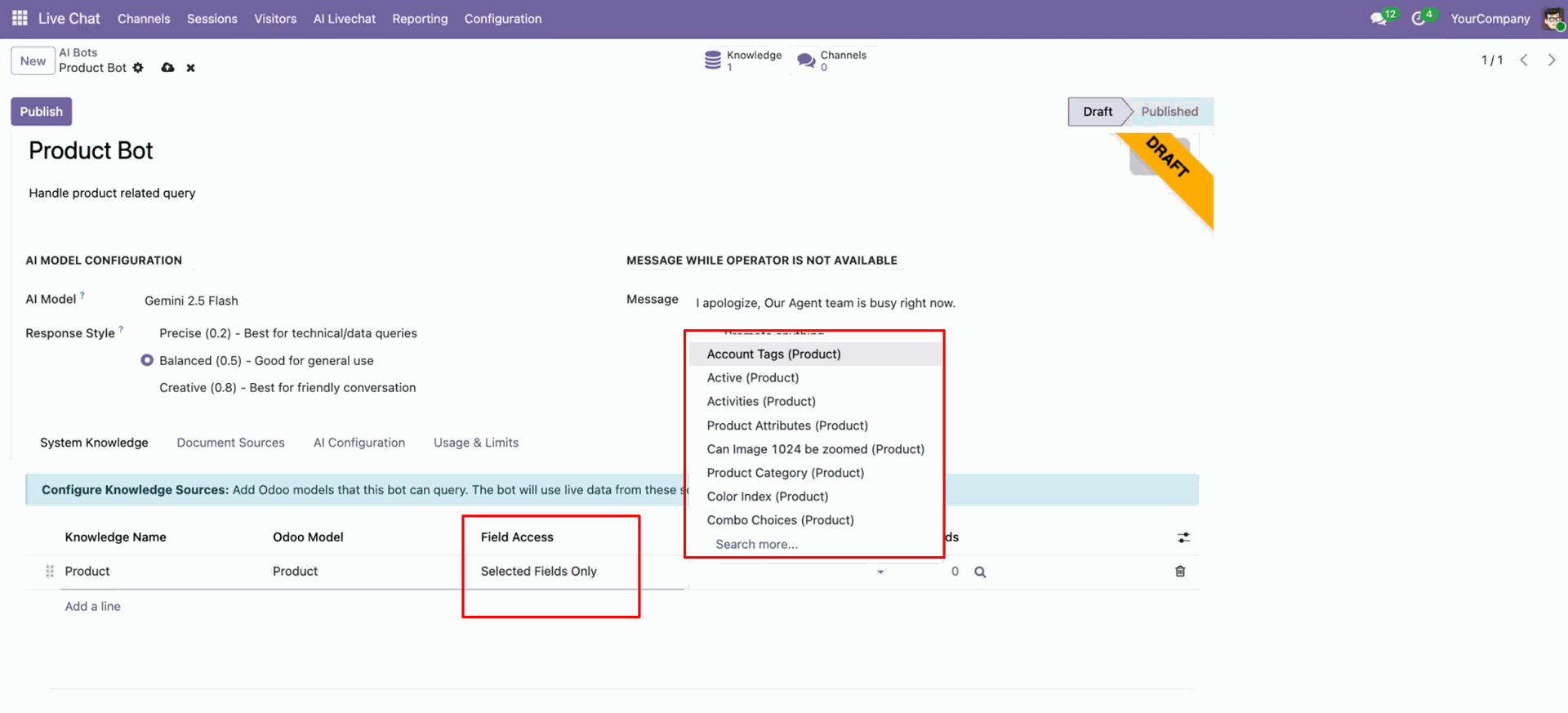 Configure selected fields for AI chatbot access