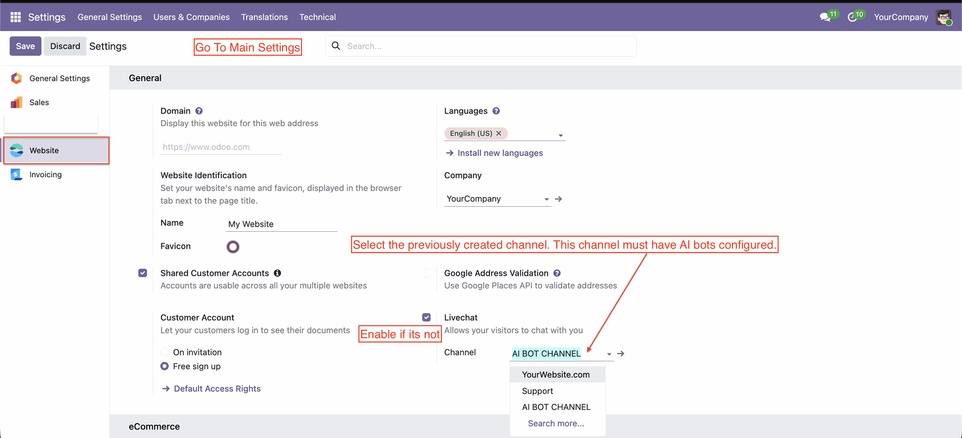 Configure channel settings for AI chatbot