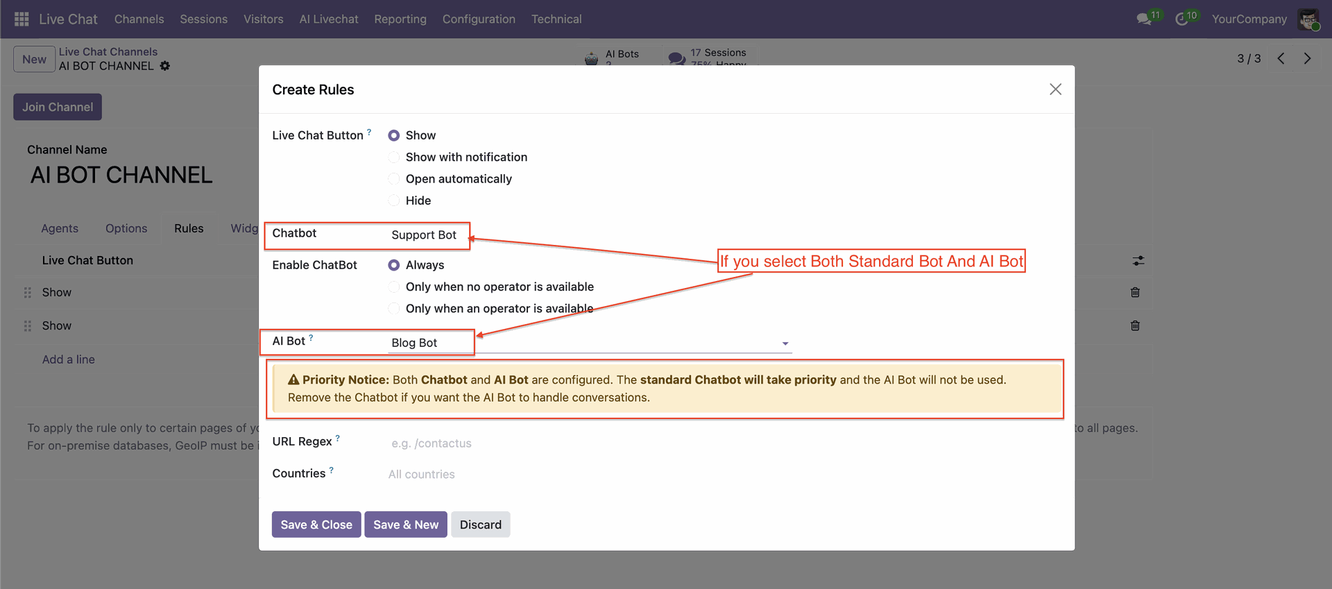 Set AI bot and chatbot priority for live chat