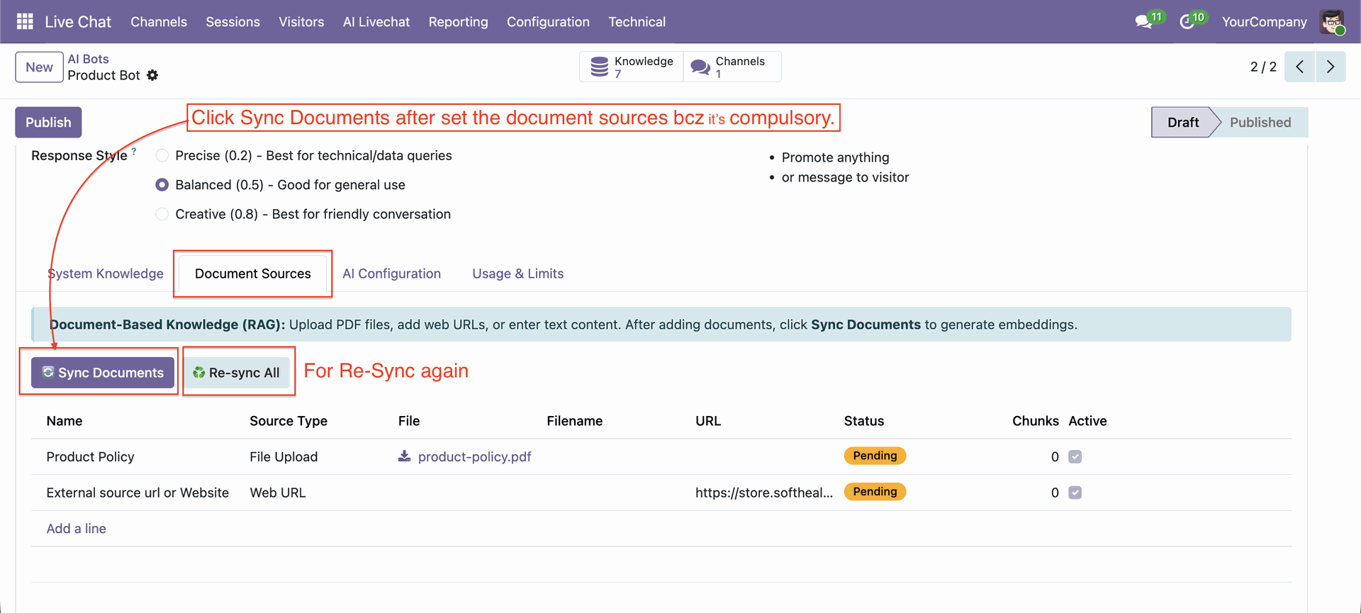 Upload and sync documents for AI chatbot knowledge