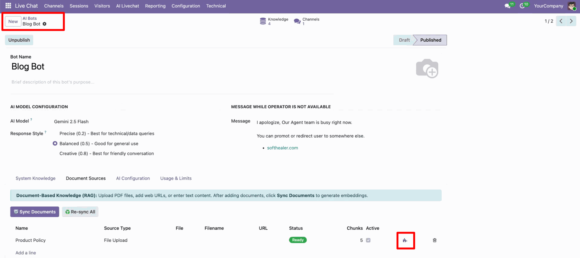 Open document chunks from AI bot configuration