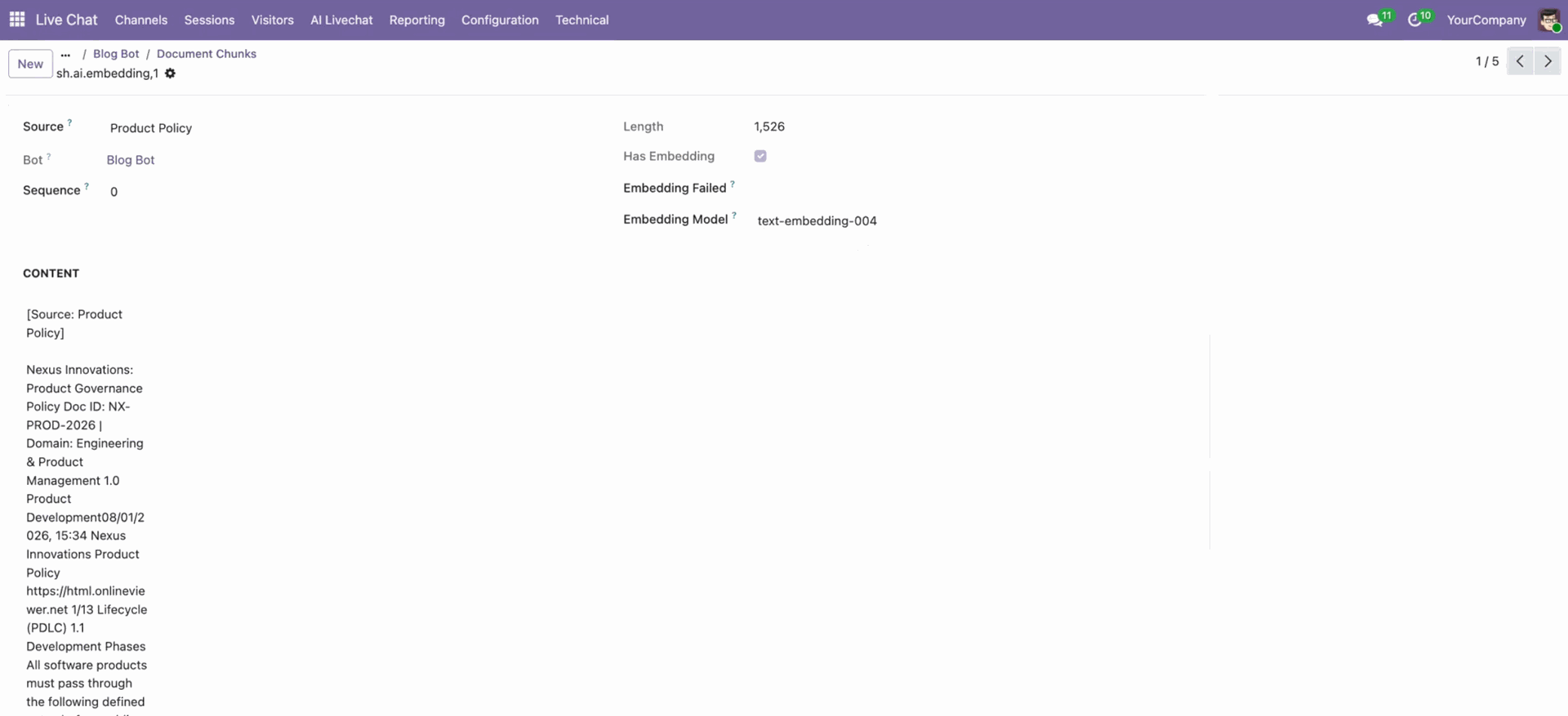 Configure document chunk details for AI bot