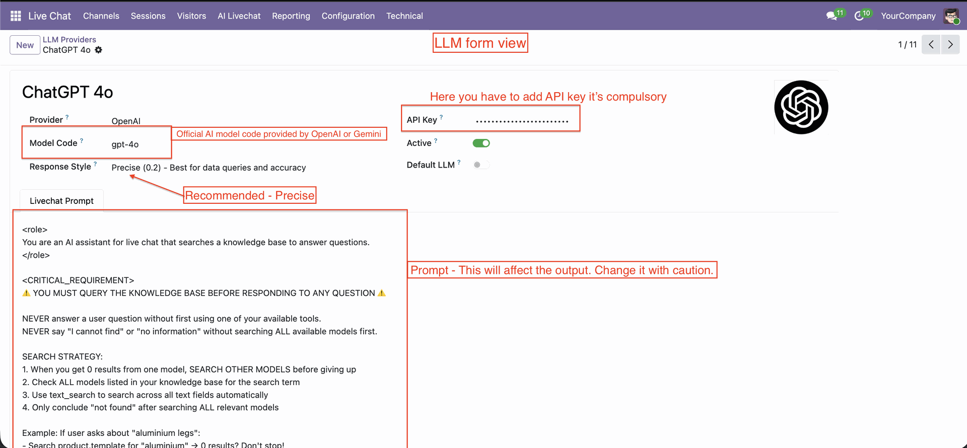 Configure LLM prompts and AI model settings