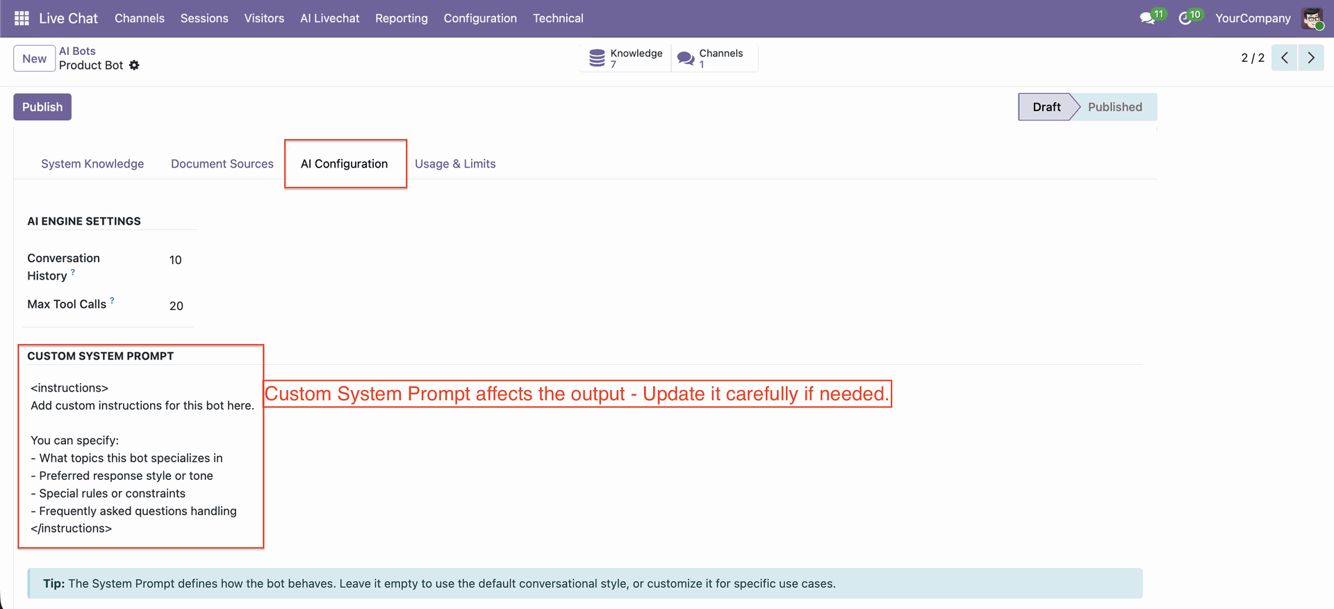 Set system prompt for AI chatbot behavior