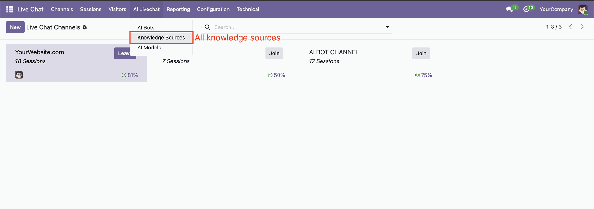Open Knowledge Sources menu in AI Live Chat