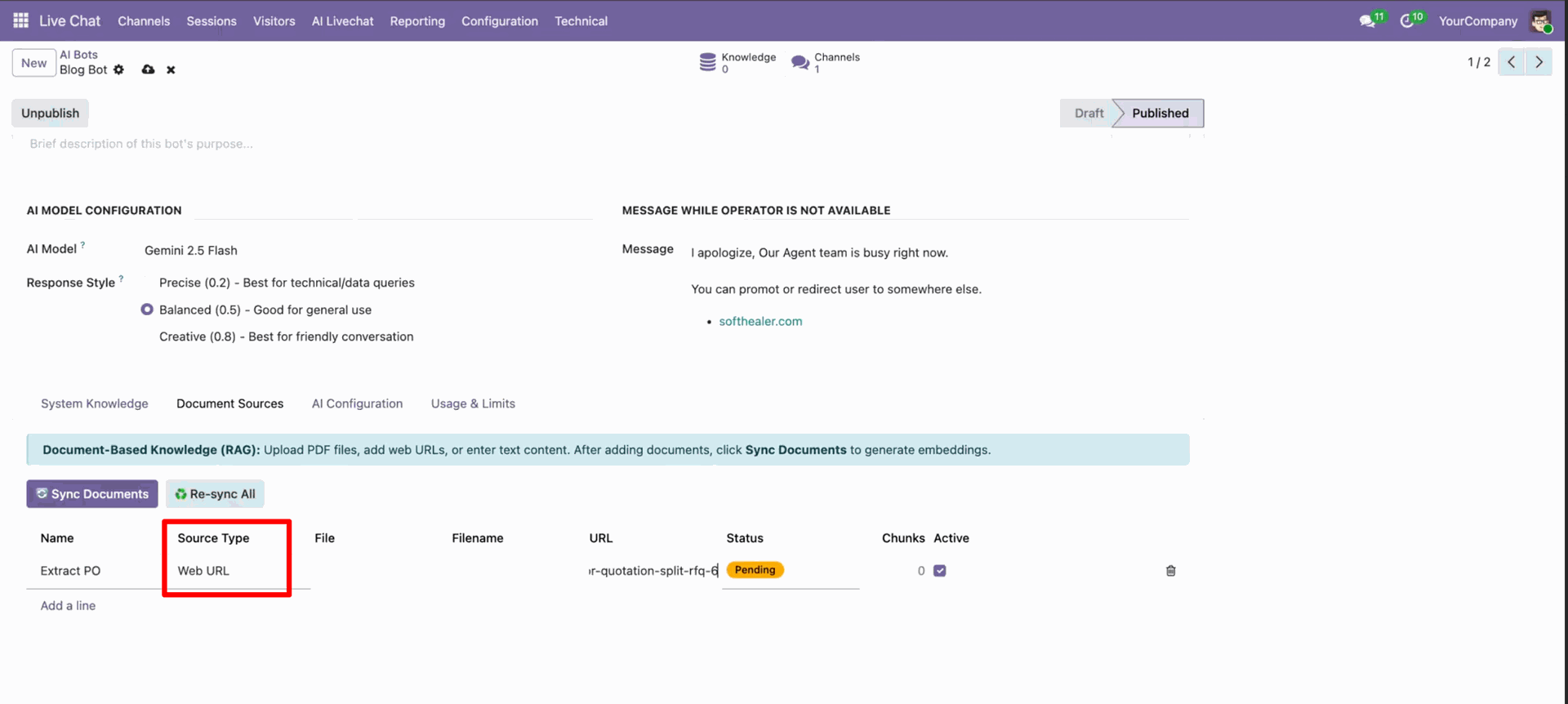 Sync website URL as AI chatbot knowledge source