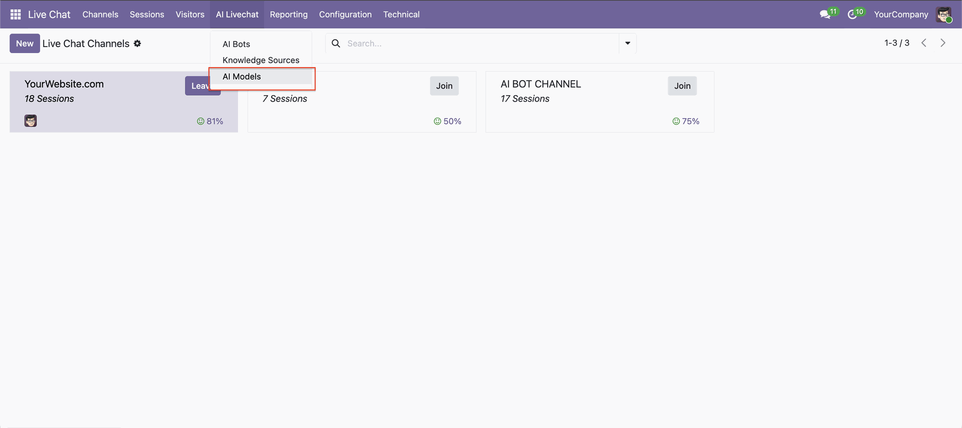 Open AI Models menu in AI Live Chat settings