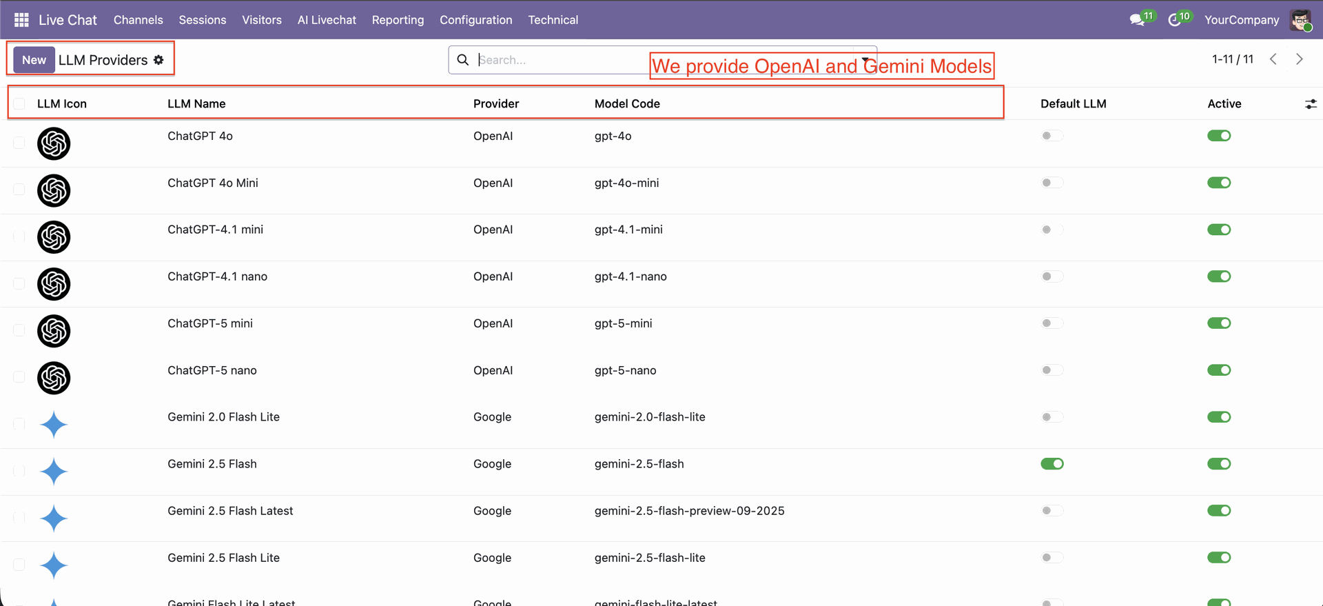 View LLM providers with default and active status
