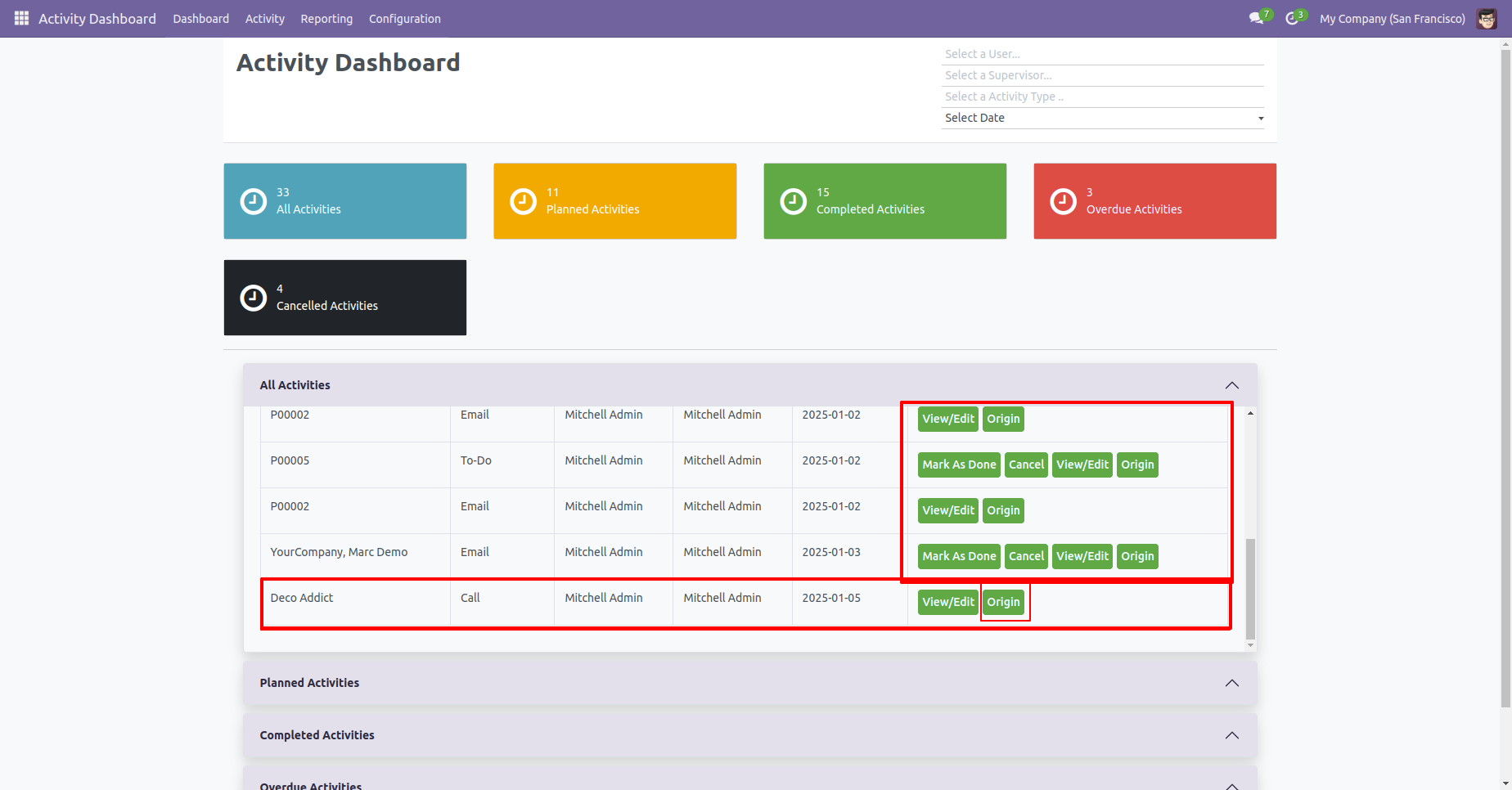 Activity dashboard with activity action options