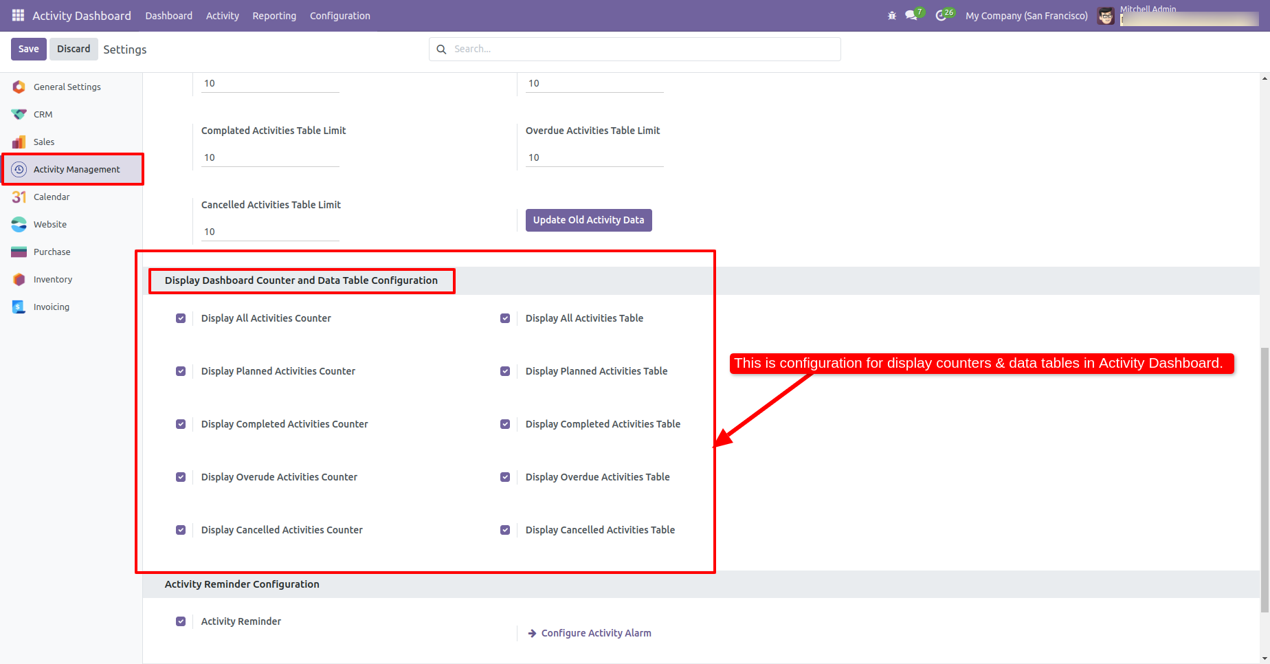 Activity dashboard counter and data table configuration