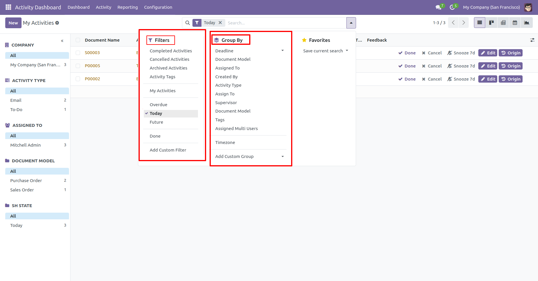 Activity filtering and grouping options