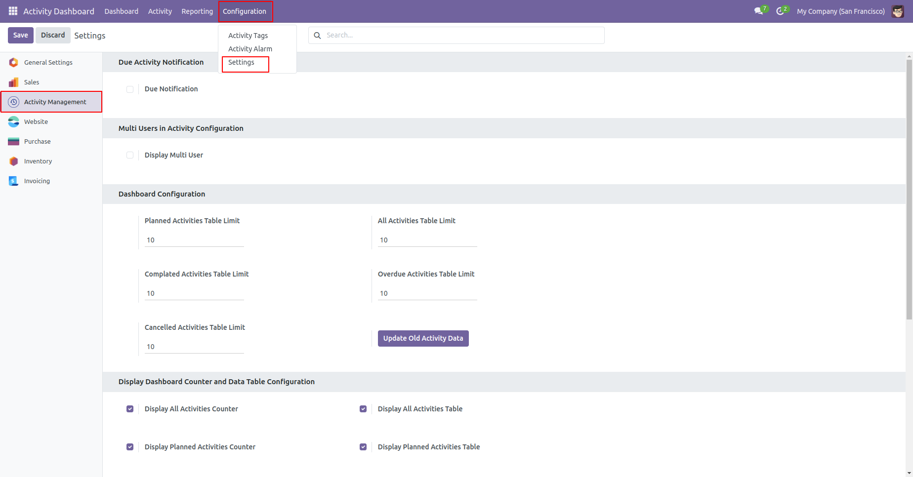 Activity notification settings