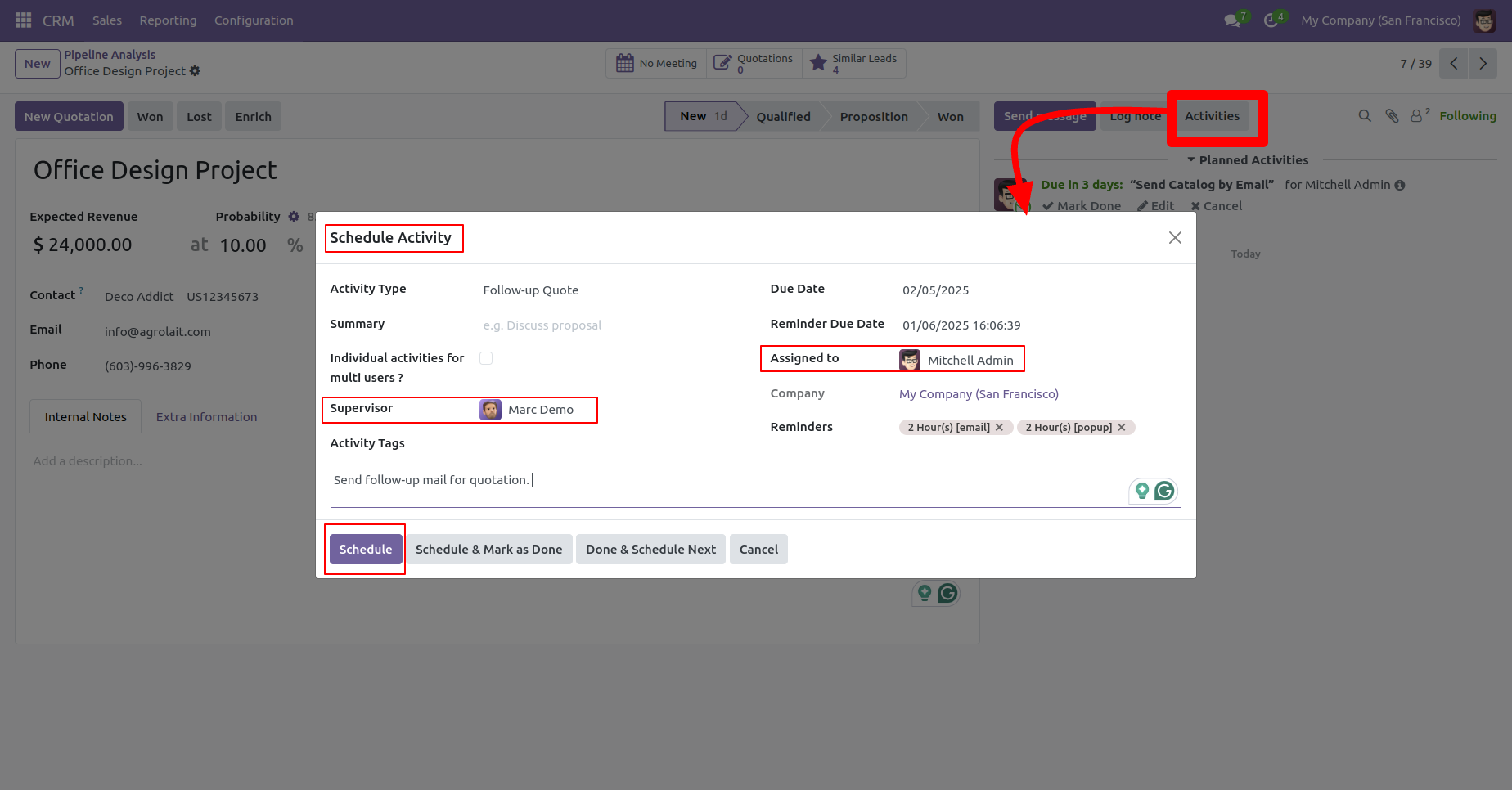 Activity scheduling with due notification
