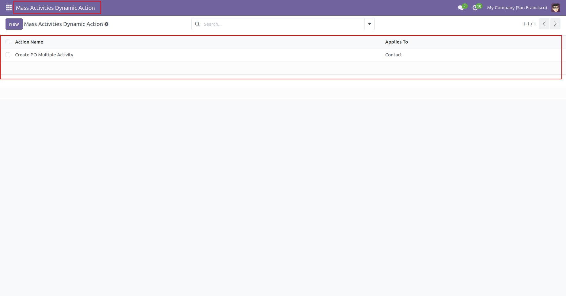 Mass activities dynamic action list view