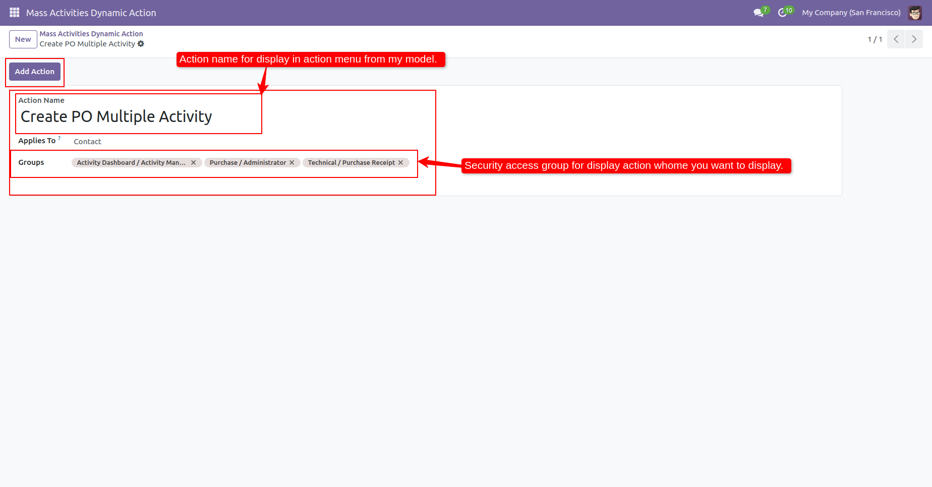 Mass activities dynamic action configuration