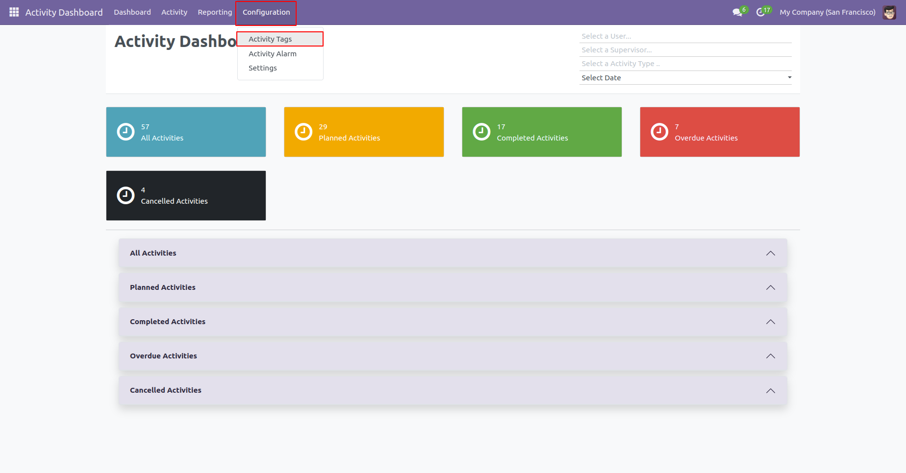 Activity tags menu