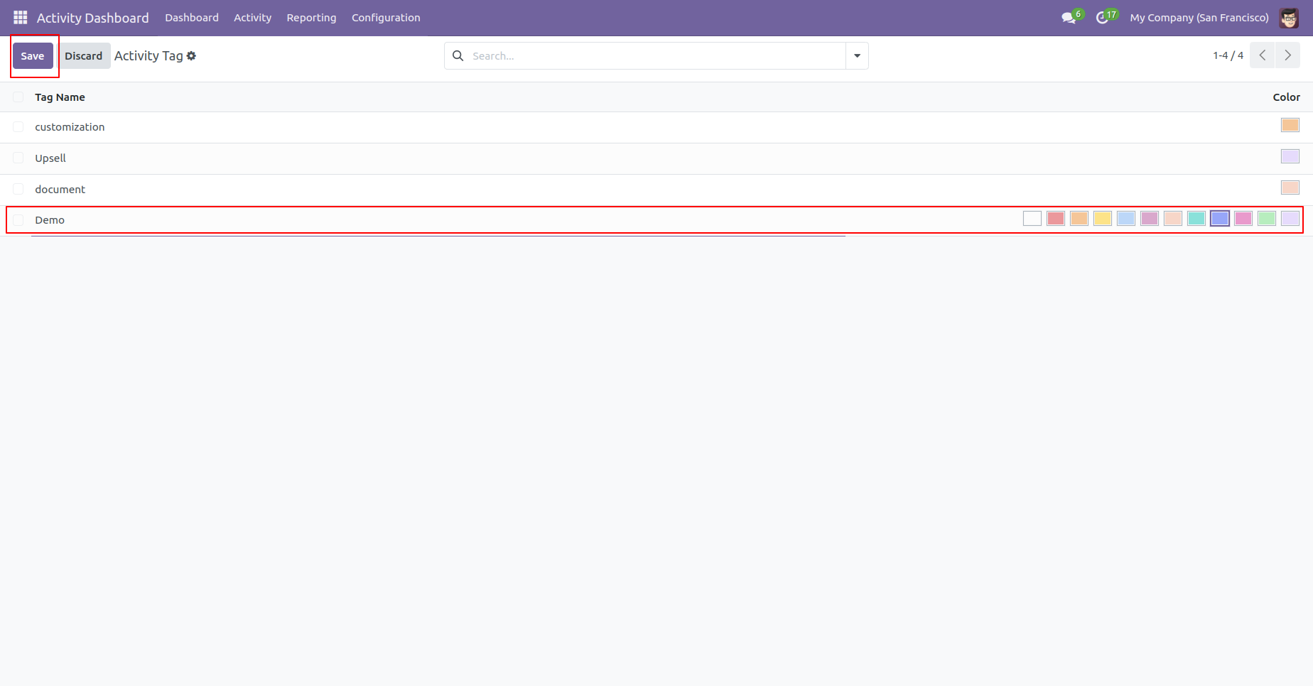 Create activity tag with color