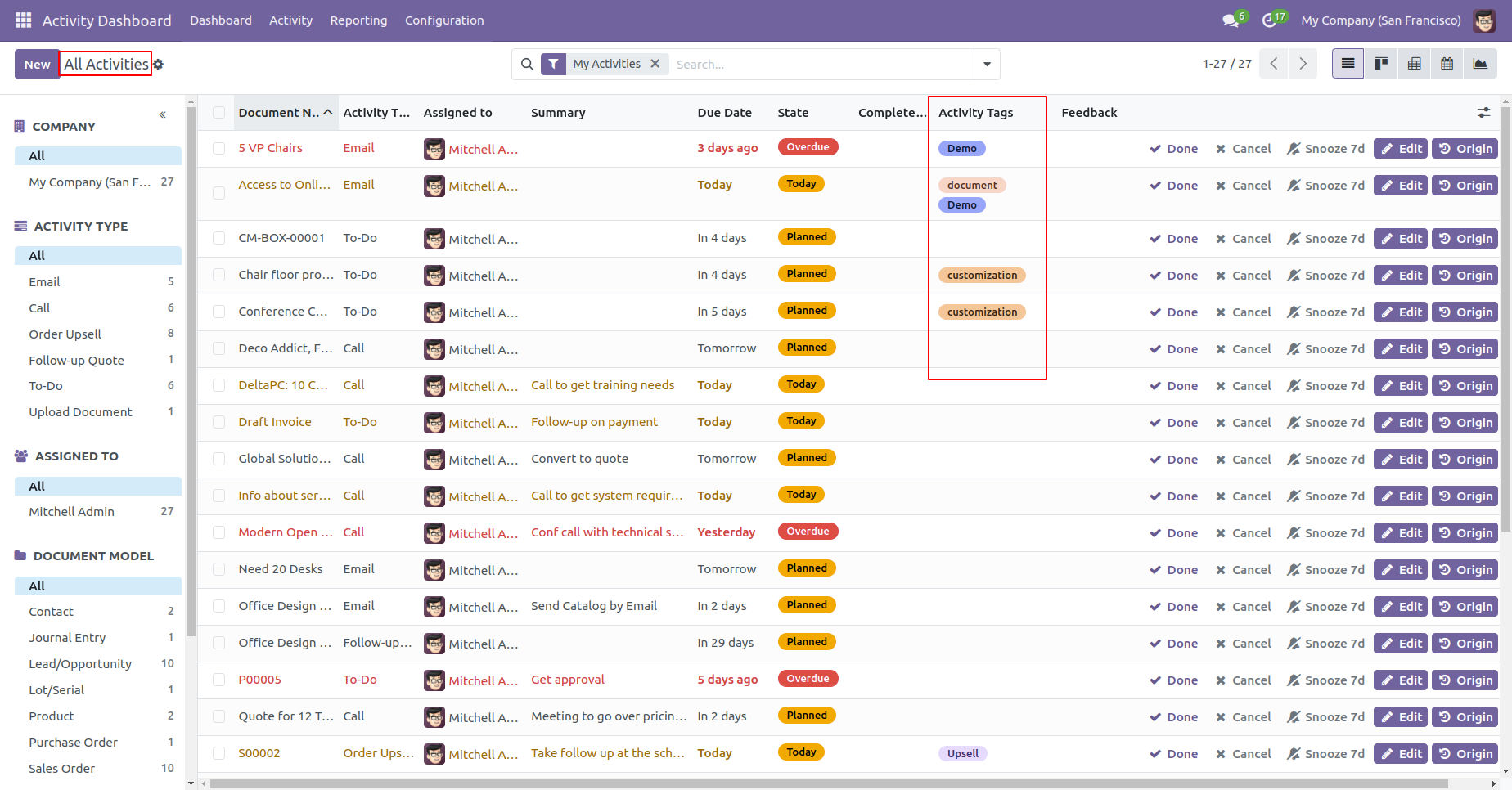 Activity list with assigned tags