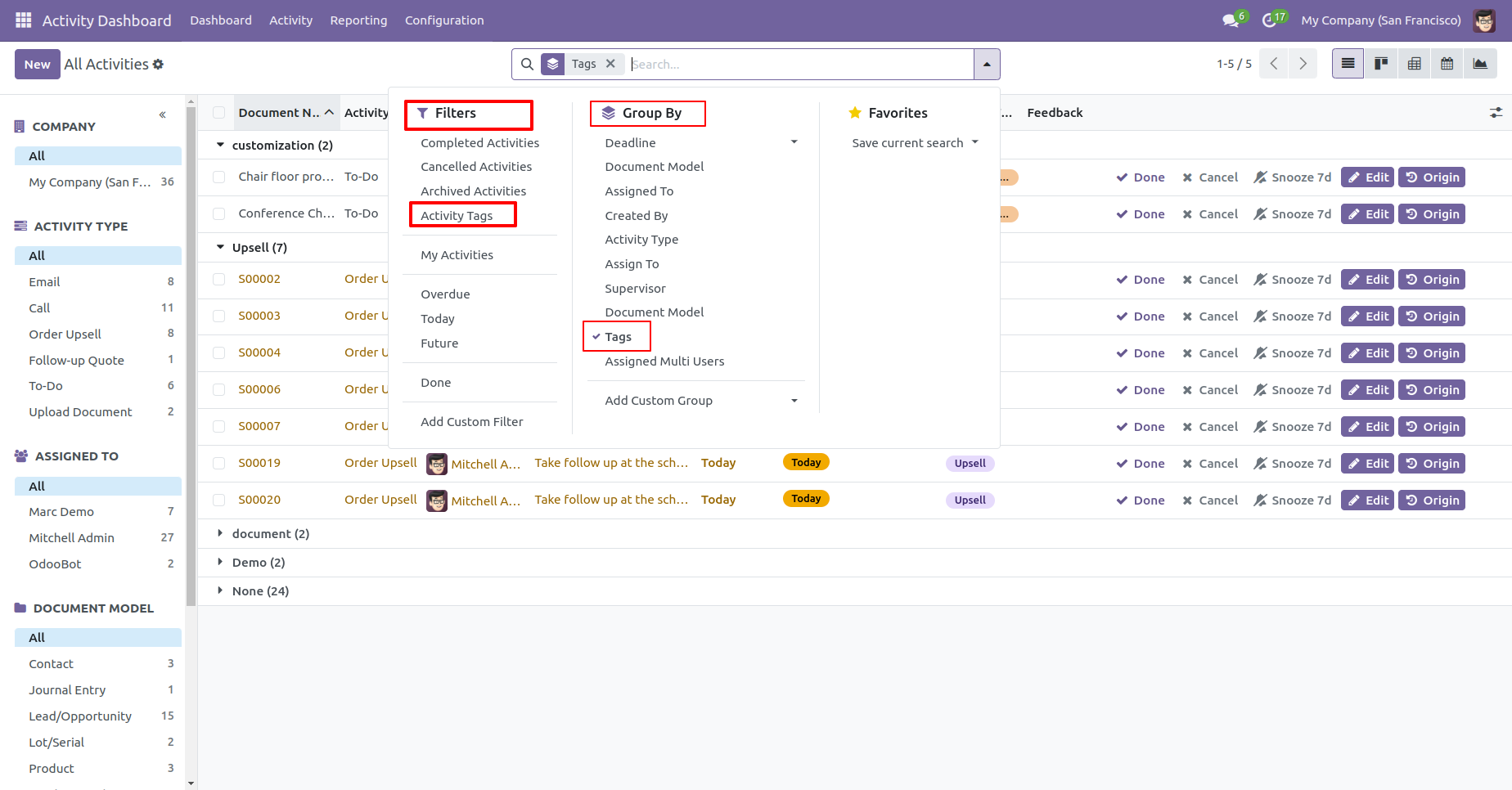Activities grouped and filtered by tags