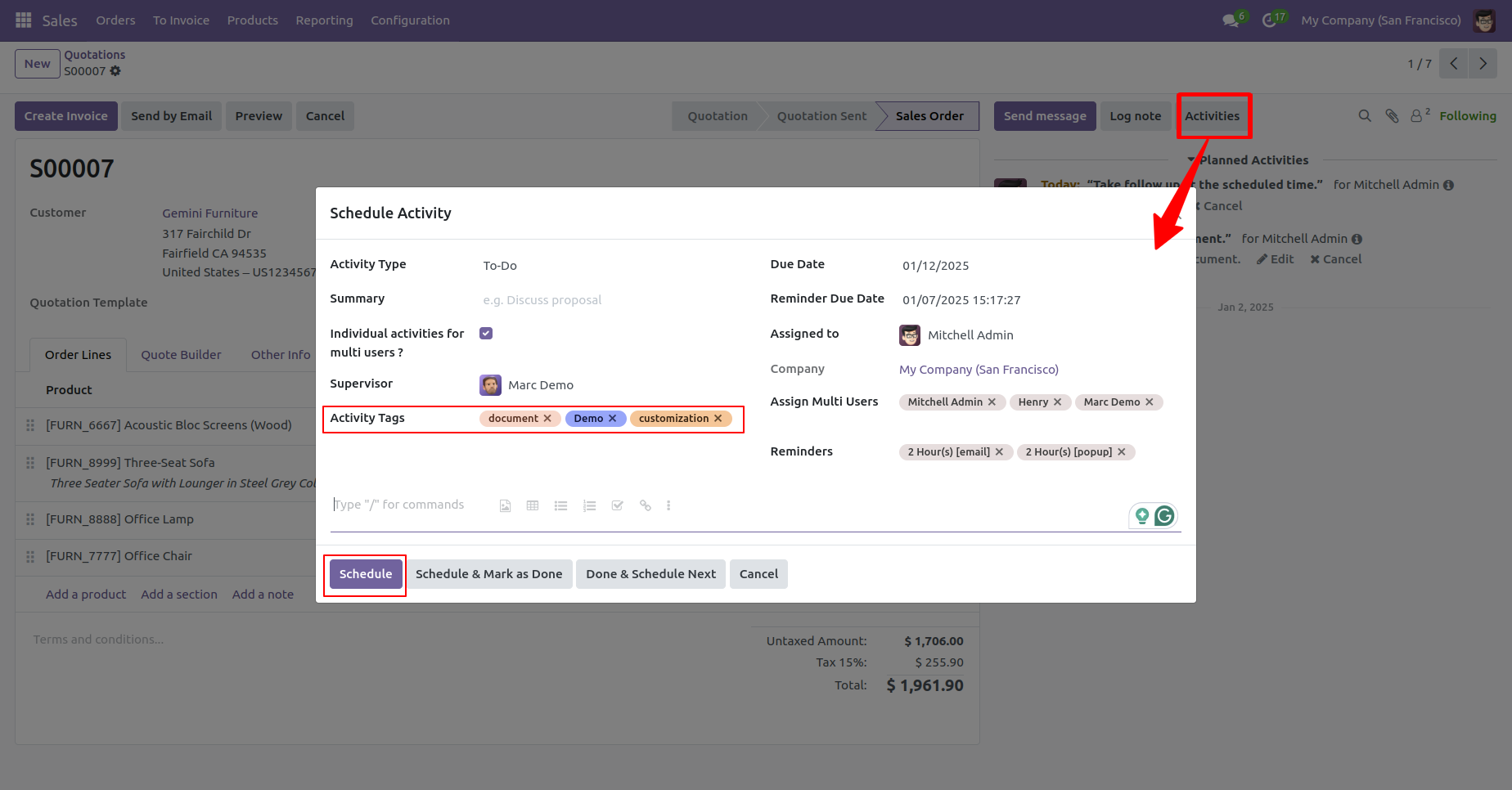 Schedule activity with tag selection