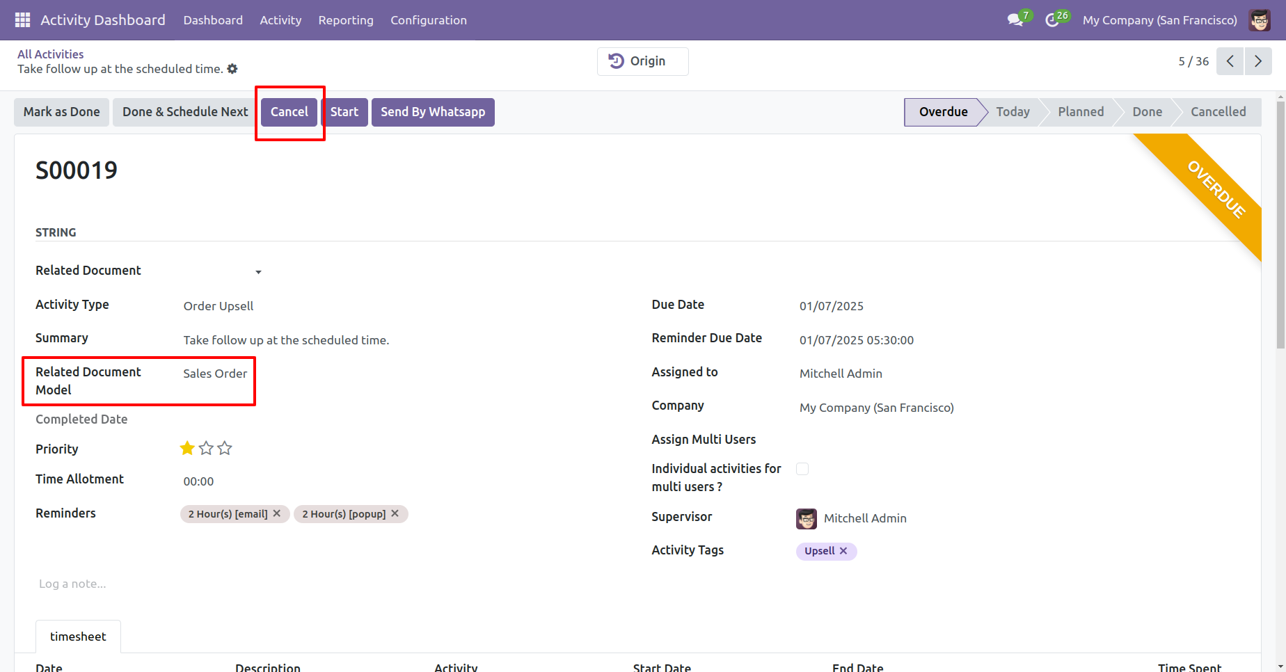 Activity form with Cancel button and related document