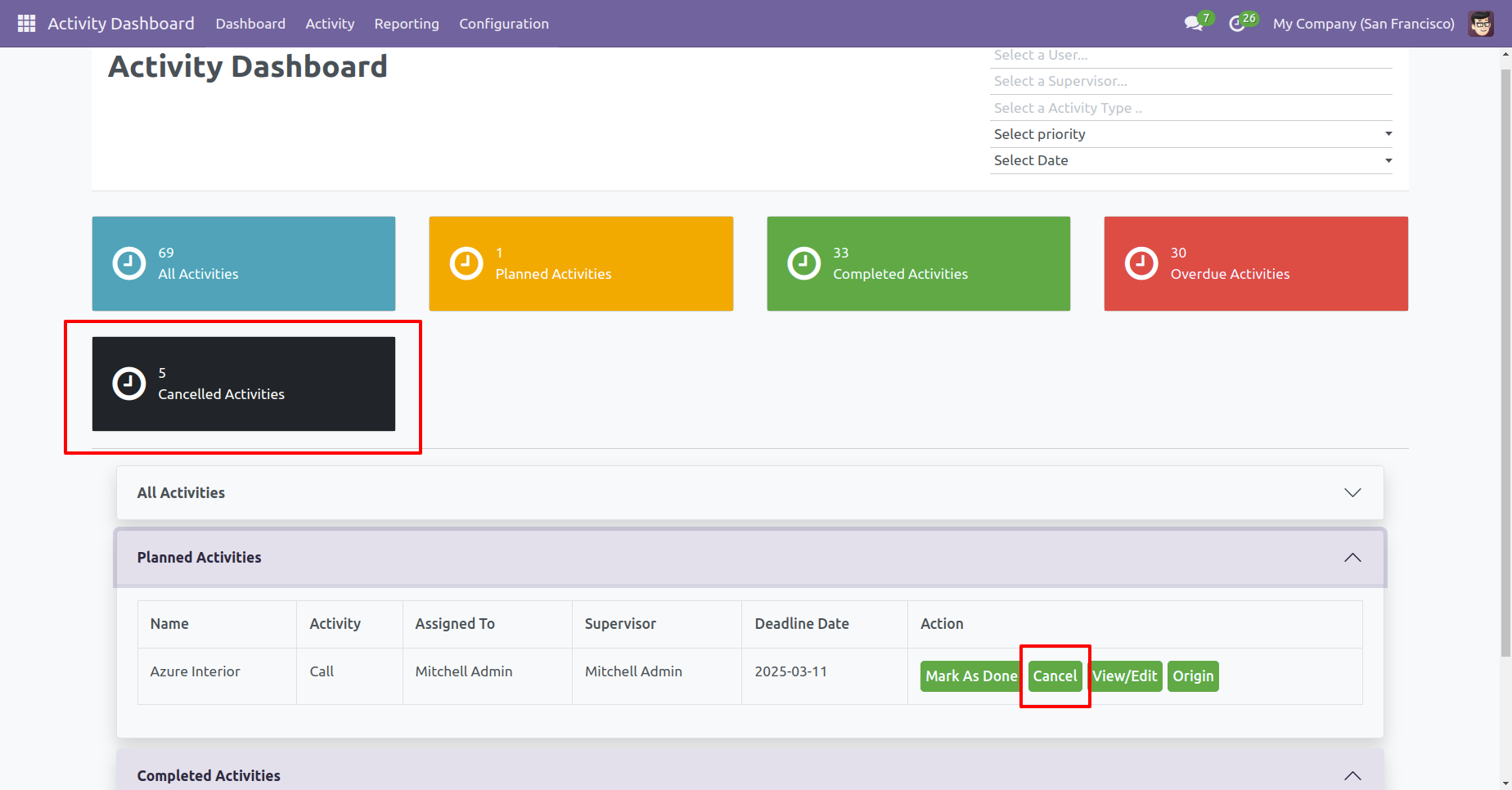 Cancelled activities counter and Cancel option in data table