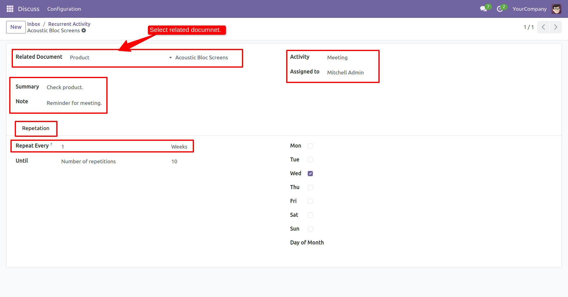 Recurring activity form with daily, weekly, monthly, and yearly options