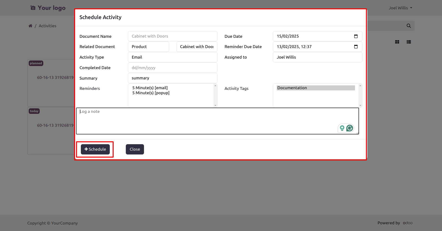 Portal activity scheduling form with activity details and reminders