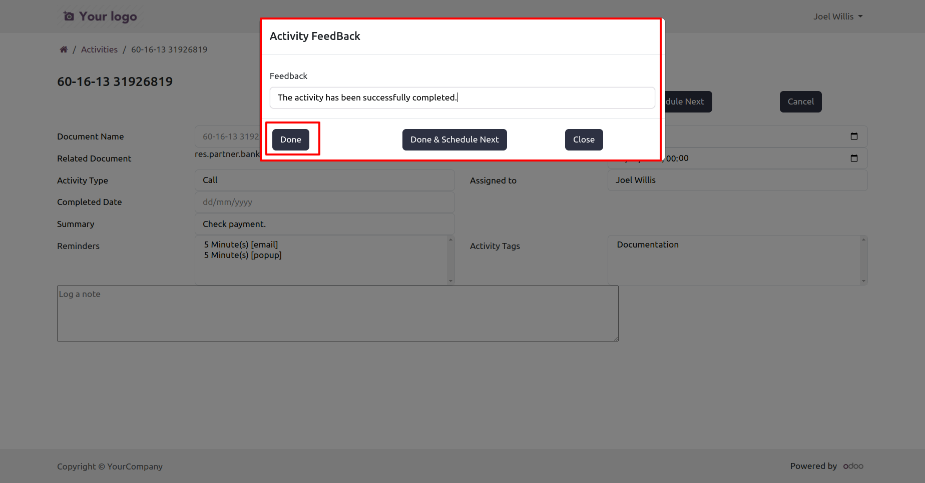 Activity feedback form in the portal