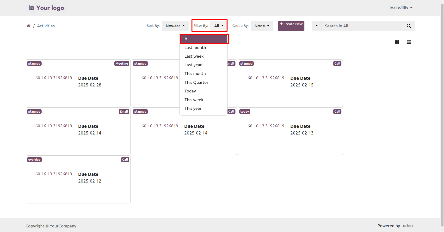 Portal activities with filter, group, and sort options