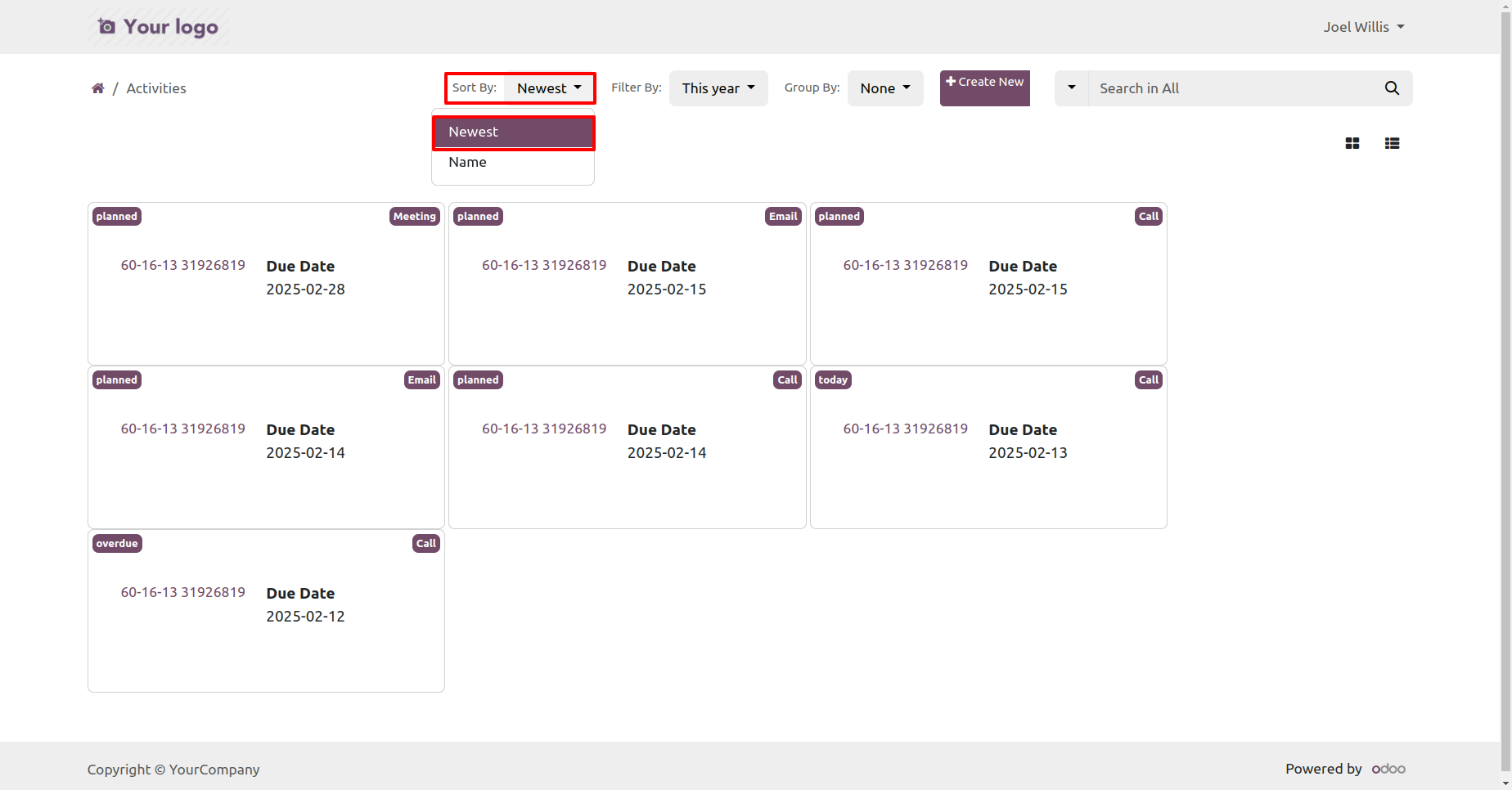 Portal activities with newest and name sorting options