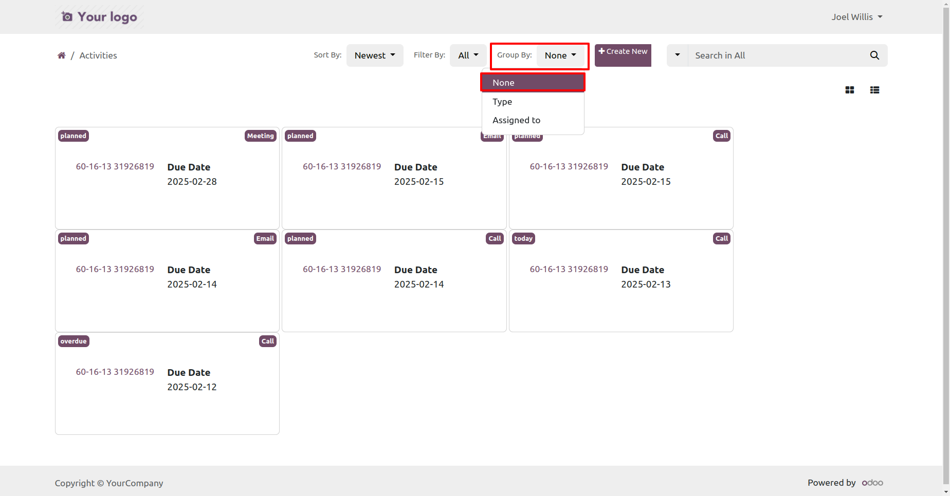 Portal activities grouped by activity type and assigned user