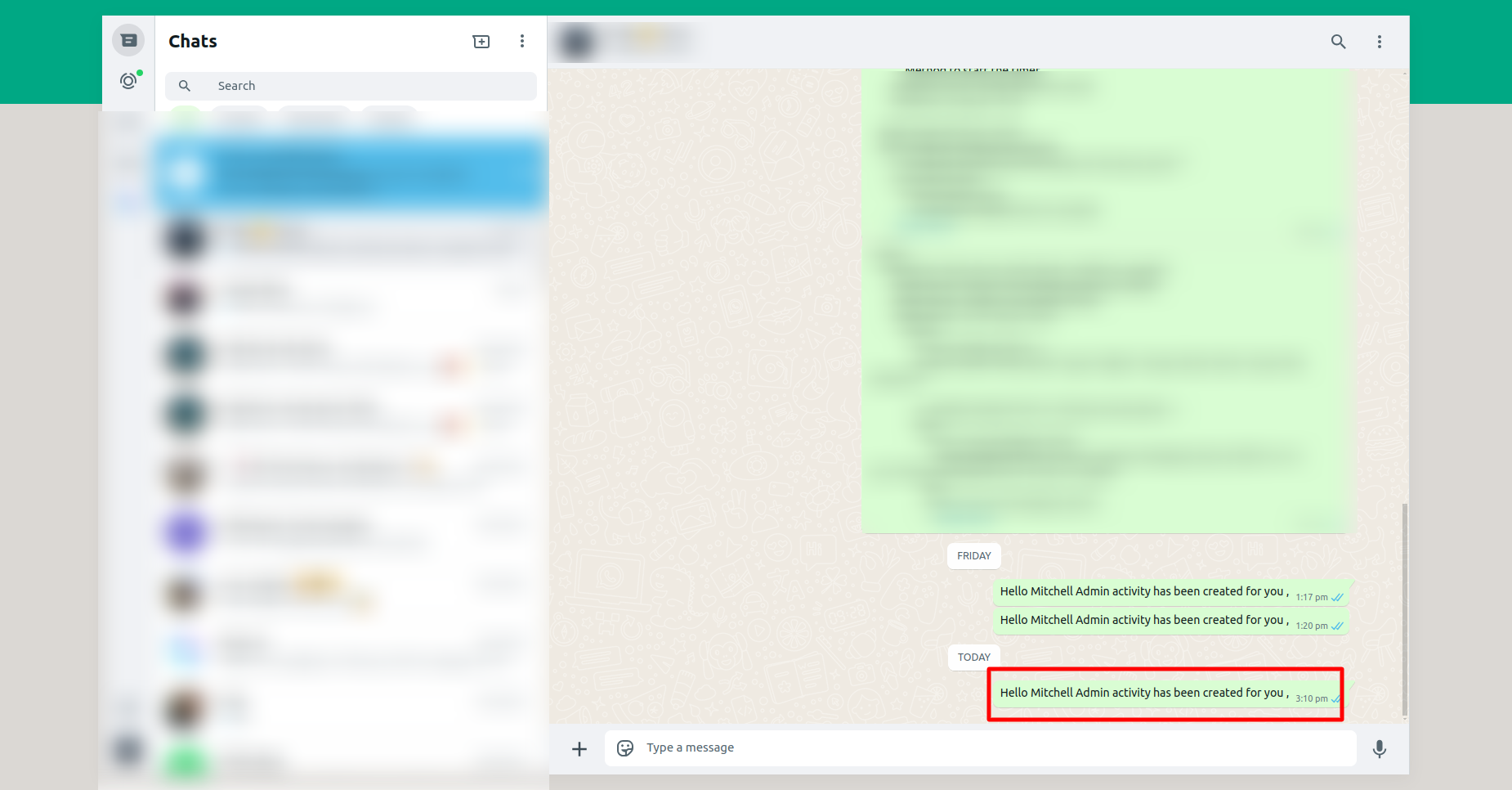 Activity notification message received in WhatsApp chat