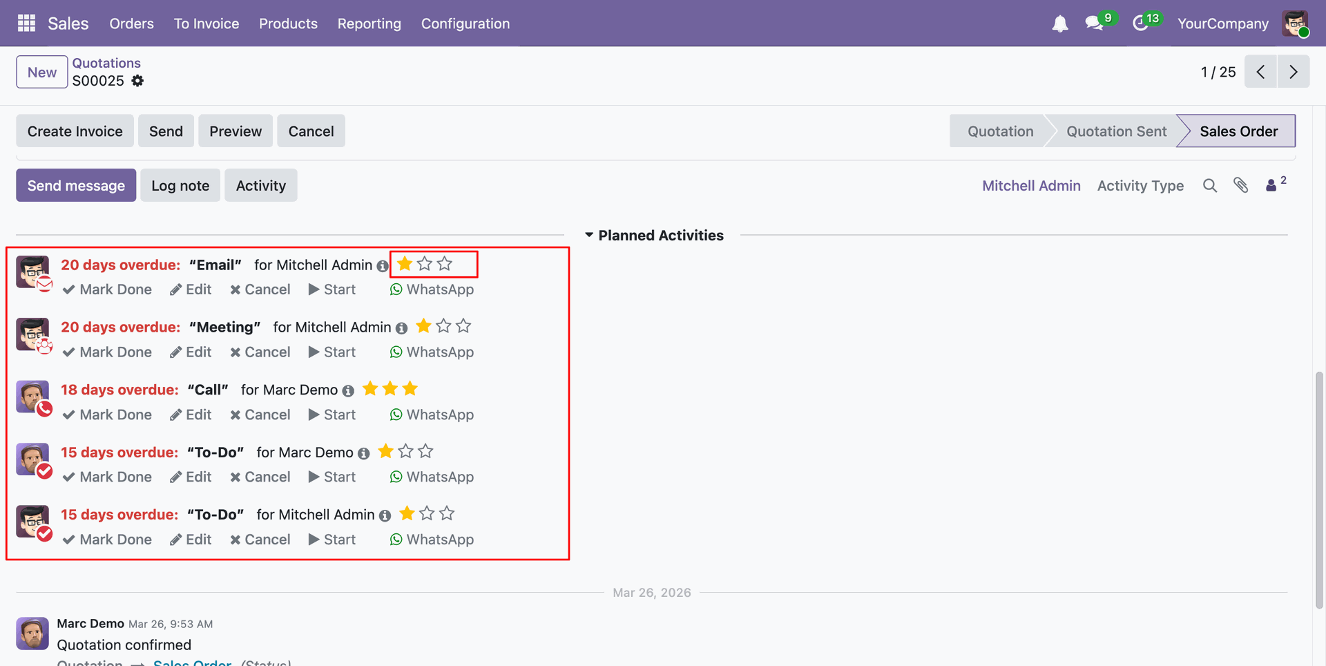 Priority levels displayed for scheduled activities in the activity list