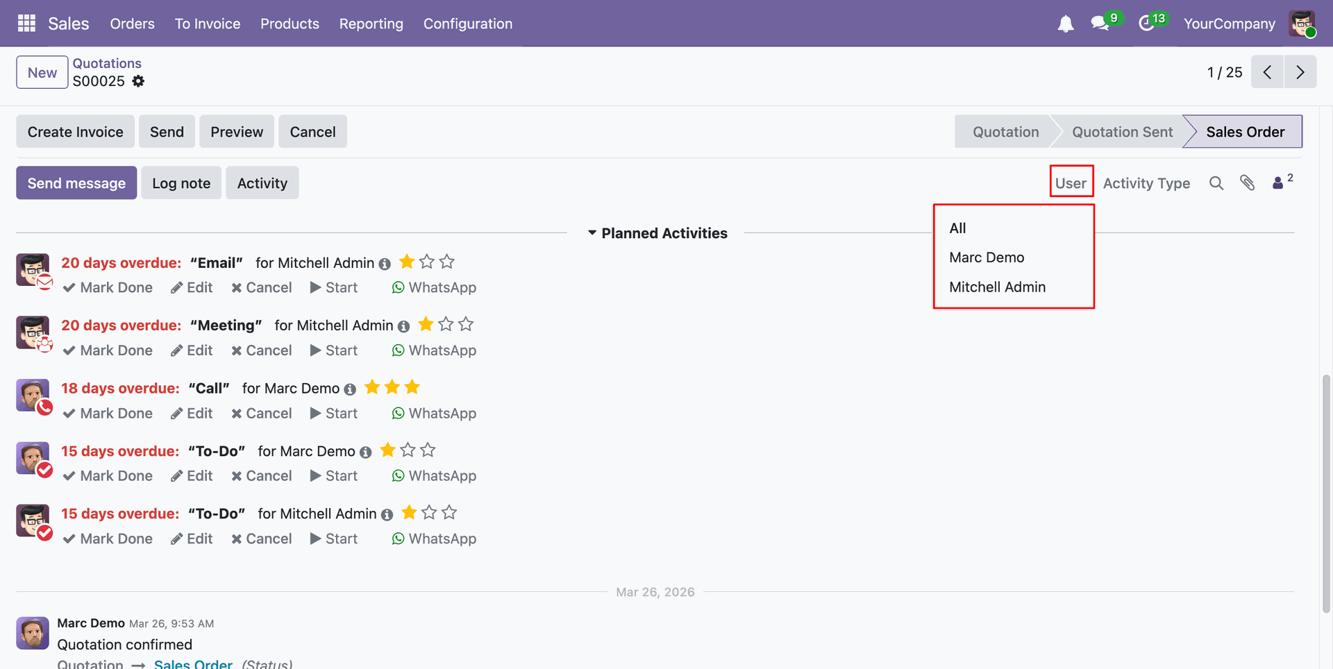 Filter chatter activities by user using the User field.