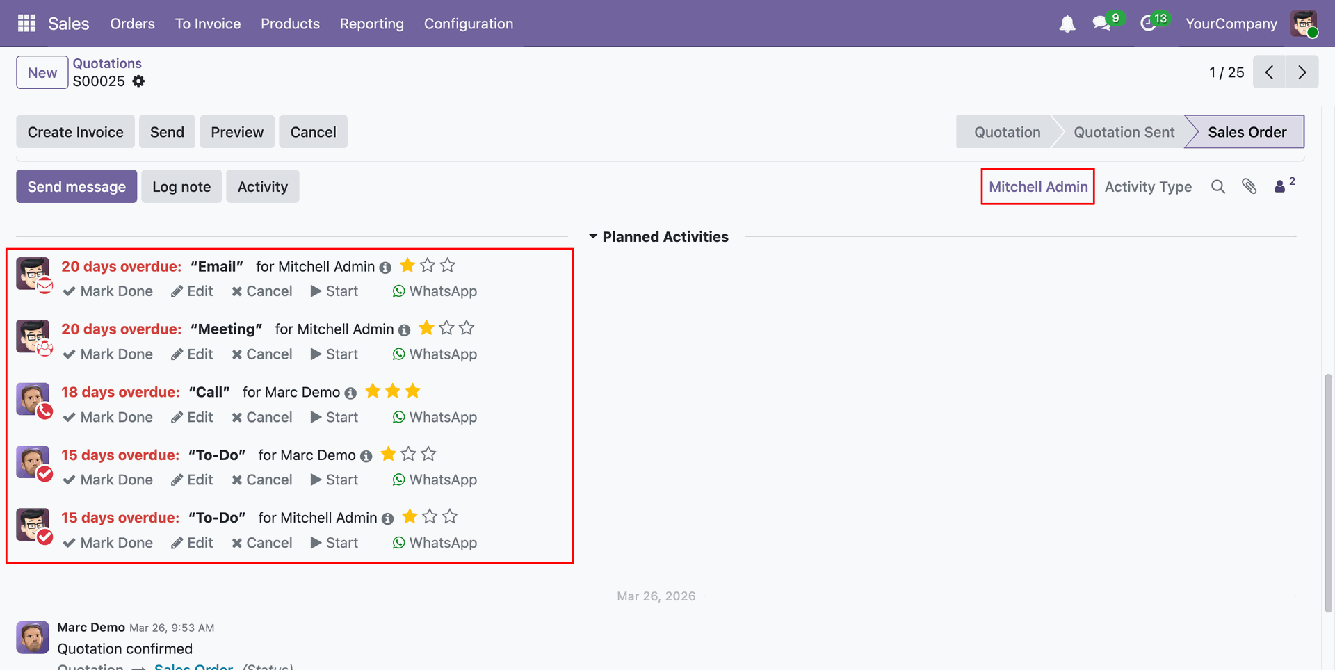 View activities assigned to the selected user in the chatter.