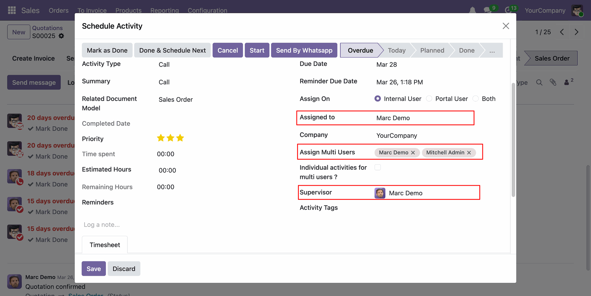 View assigned users, multiple users, and supervisor details in a scheduled activity.