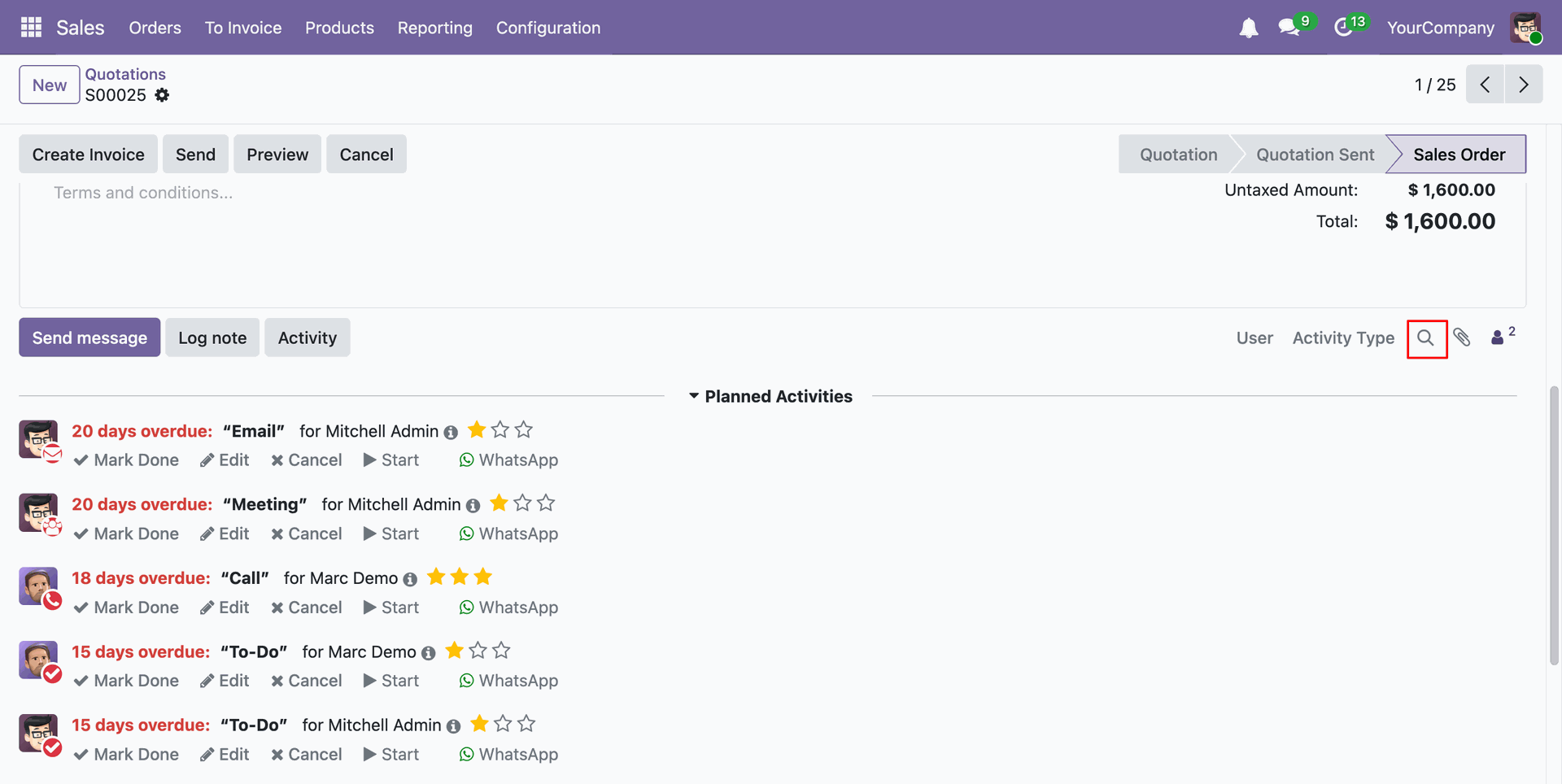 Open the chatter search to find specific activity messages.