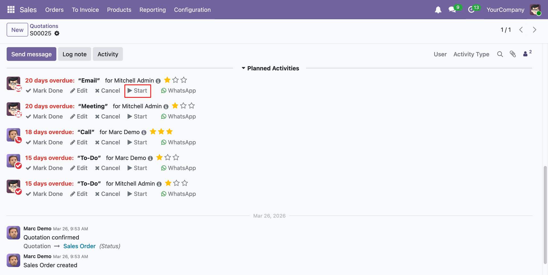 Start an activity directly from the chatter.
