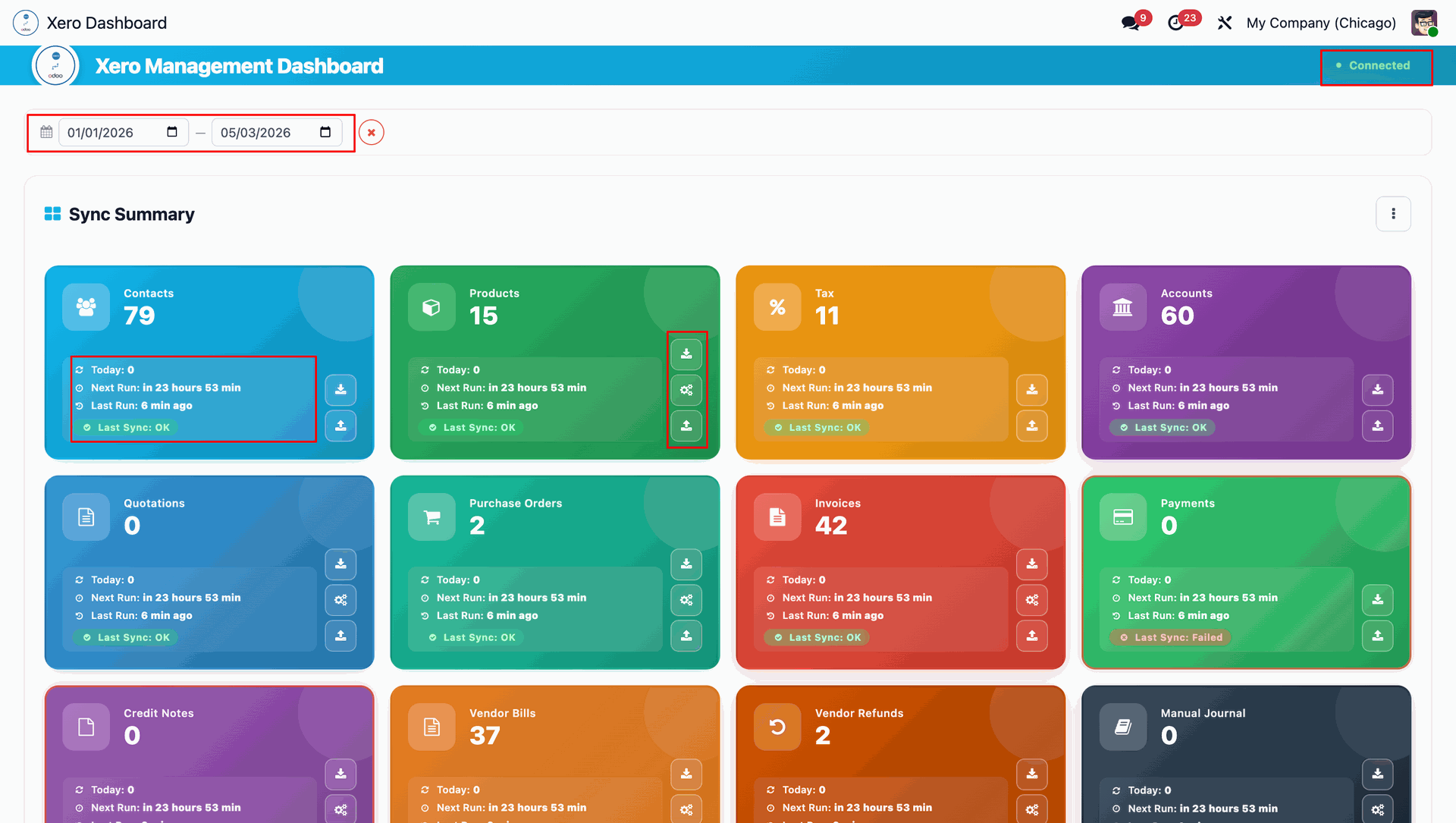 Xero Dashboard date range filter and sync operations