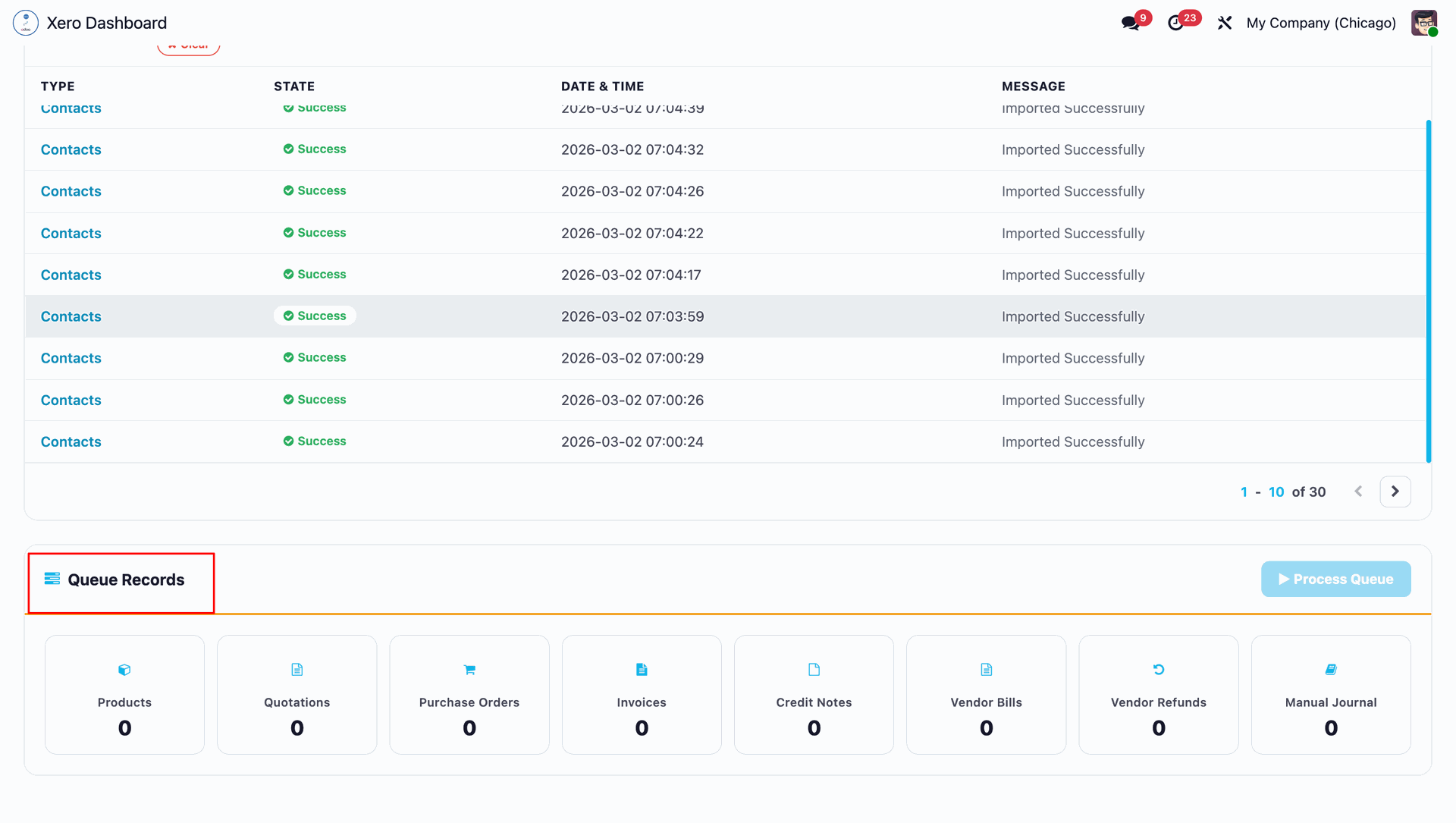 Queue records in Xero Dashboard