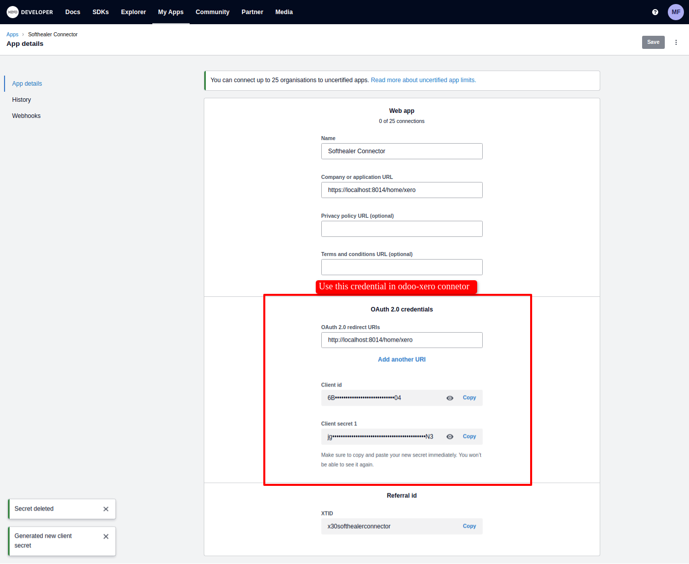 Copy Client ID and Client Secret from Xero App details