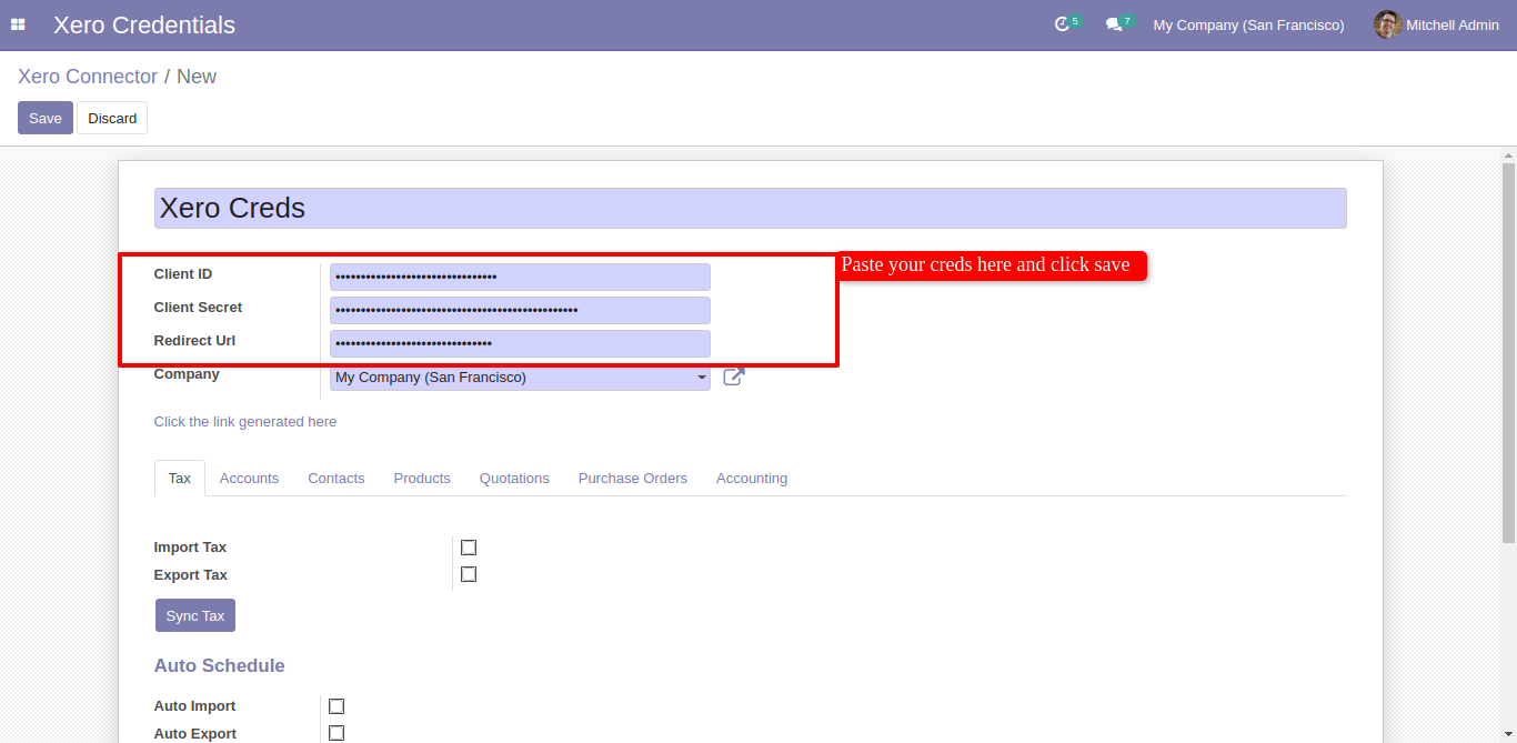 Add Xero credentials in Odoo Xero Connector