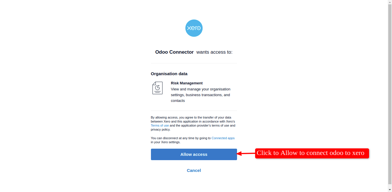 Allow access screen for Odoo Connector in Xero OAuth