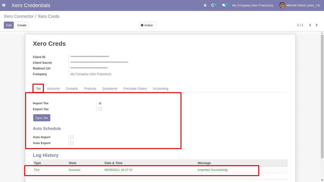 Sync Tax settings and log history in Odoo Xero Connector