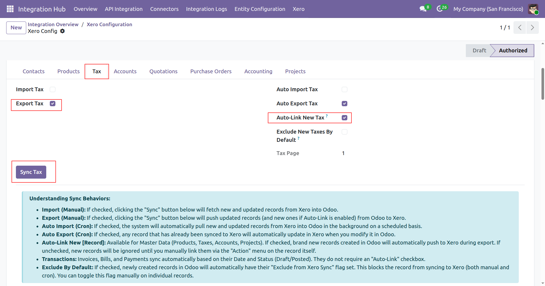 Enable Auto-Link New Tax in Xero Configuration