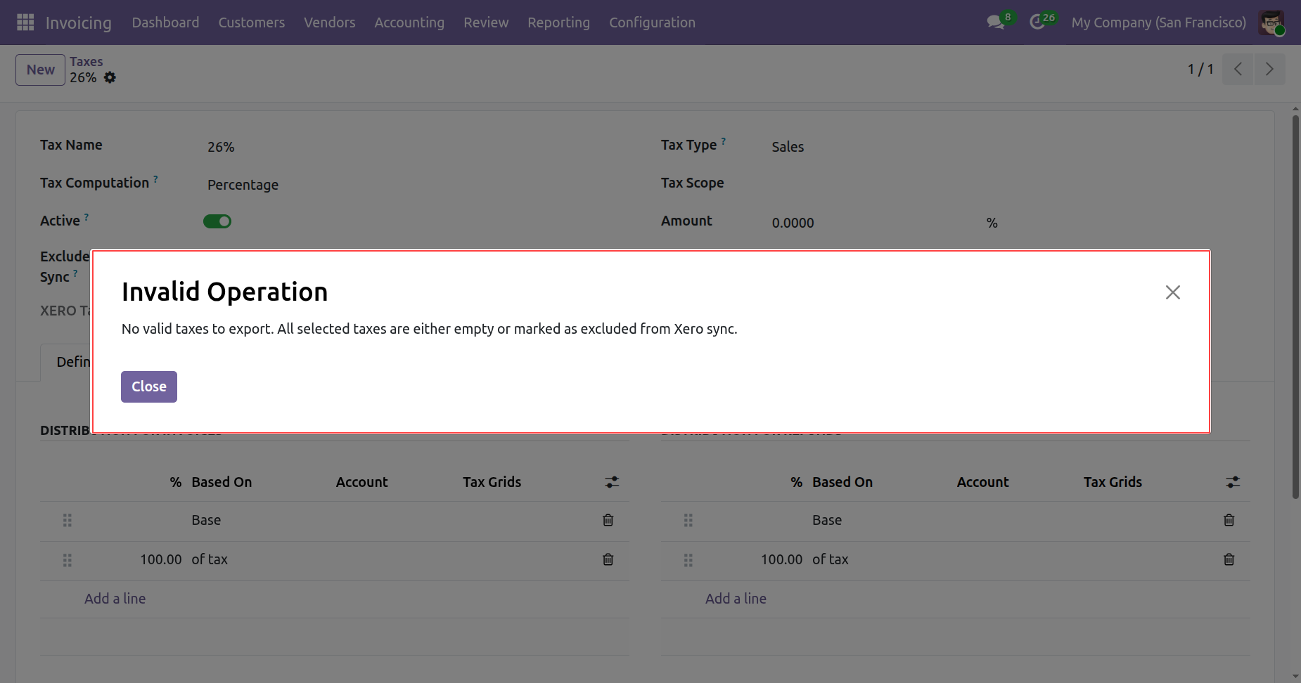 Invalid Operation warning for excluded tax export in Odoo